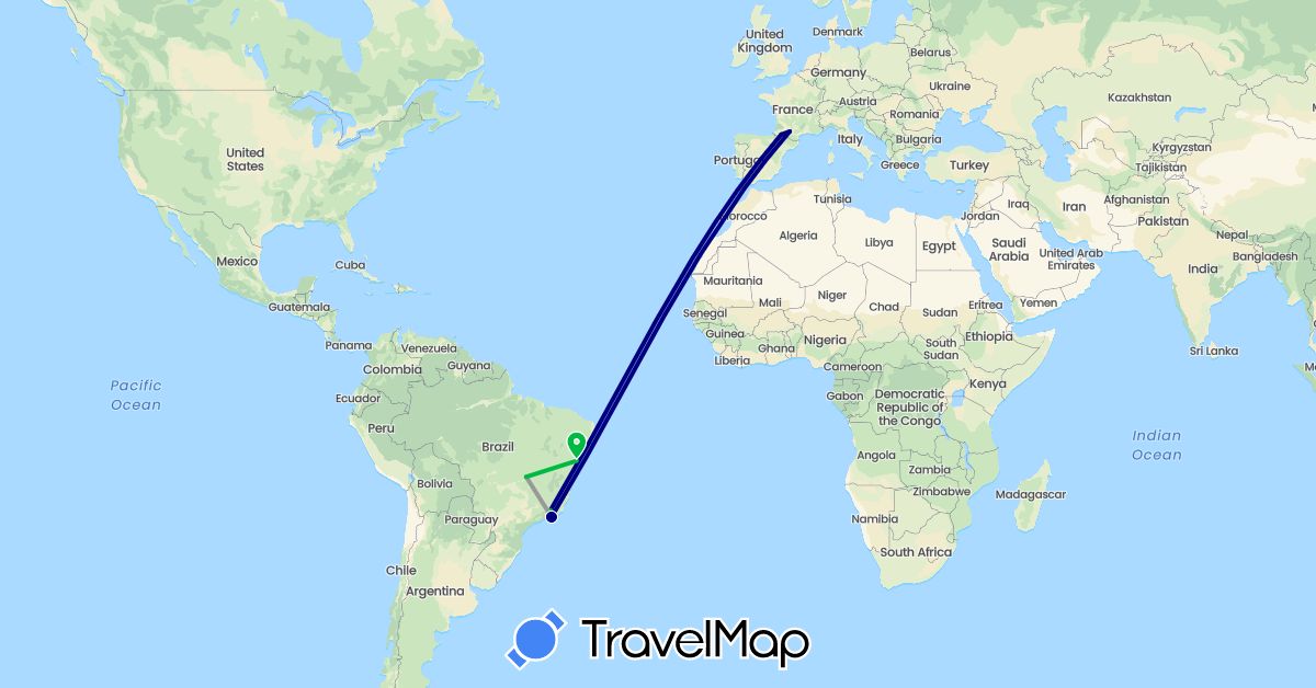 TravelMap itinerary: driving, bus, plane, hiking in Brazil, France (Europe, South America)
